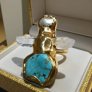 Unique Oversized 18k Gold Plated Turquoise Quartz Crystal Freshwater Pearl Ring